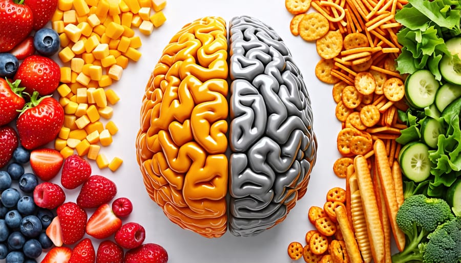 An illustration depicting a child's brain development influenced by nutrition, featuring healthy foods like vegetables and fruits and unhealthy snacks to represent the dietary impact on mental health.