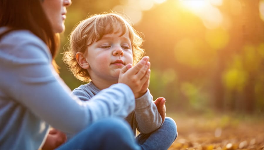 Child performing a breathing exercise with caregiver support