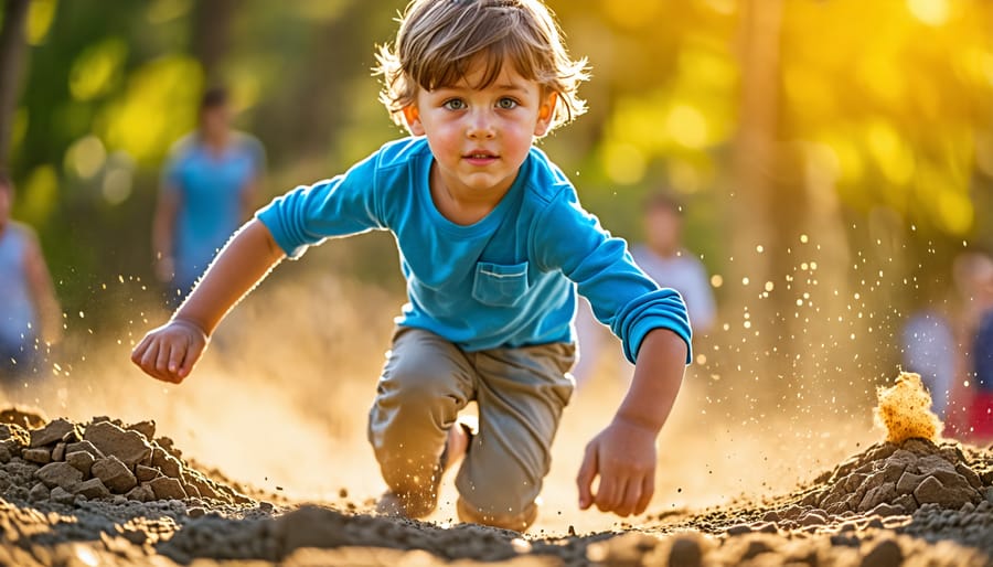 Child demonstrating resilience and problem-solving abilities while completing an obstacle course