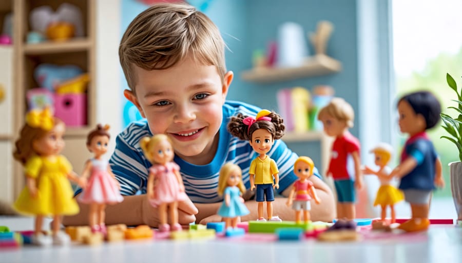 Child engaging in pretend play with a dollhouse to explore emotions