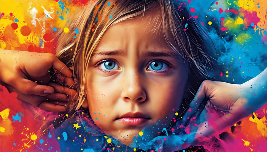 Conceptual illustration of a child's face with mixed emotions like grief, anger, and confusion, surrounded by symbols of healing and support.