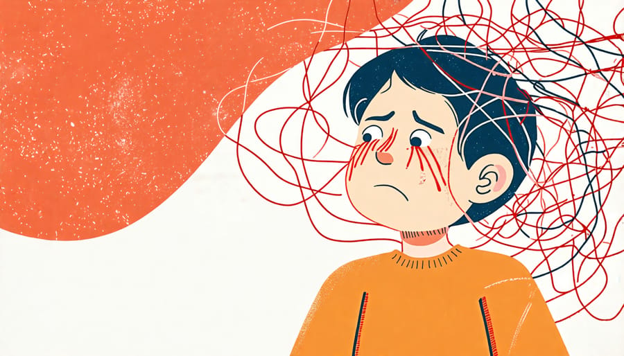 Child with a tangled thought cloud above their head, symbolizing generalized anxiety disorder