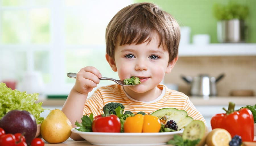 Healthy eating habits demonstrated by a child's balanced meal