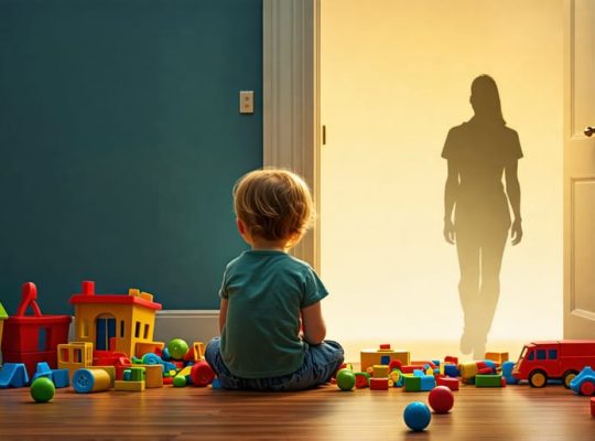 "A child sits alone, surrounded by toys, looking wistfully at a closed door with a parent's silhouette in the background, conveying the emotional impact of parental addiction on children's mental health."