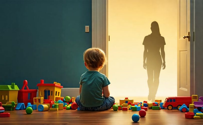 "A child sits alone, surrounded by toys, looking wistfully at a closed door with a parent's silhouette in the background, conveying the emotional impact of parental addiction on children's mental health."