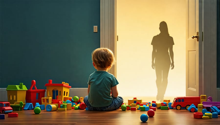 "A child sits alone, surrounded by toys, looking wistfully at a closed door with a parent's silhouette in the background, conveying the emotional impact of parental addiction on children's mental health."