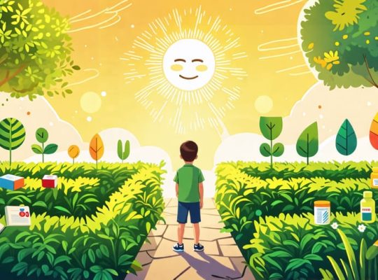 A young child standing in the center of a vibrant garden maze, surrounded by symbols of cognitive-behavioral therapy, play therapy, family therapy, and medication, all under a bright sun depicting hope for mental health.