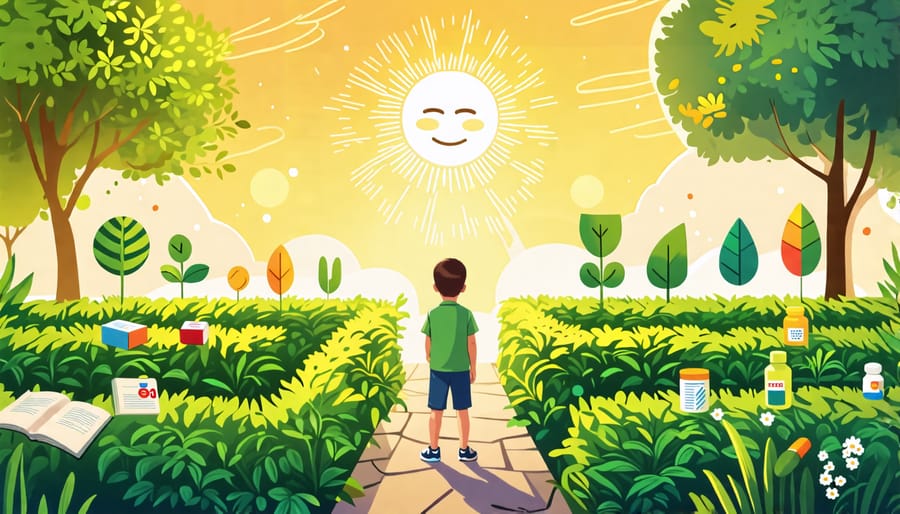 A young child standing in the center of a vibrant garden maze, surrounded by symbols of cognitive-behavioral therapy, play therapy, family therapy, and medication, all under a bright sun depicting hope for mental health.