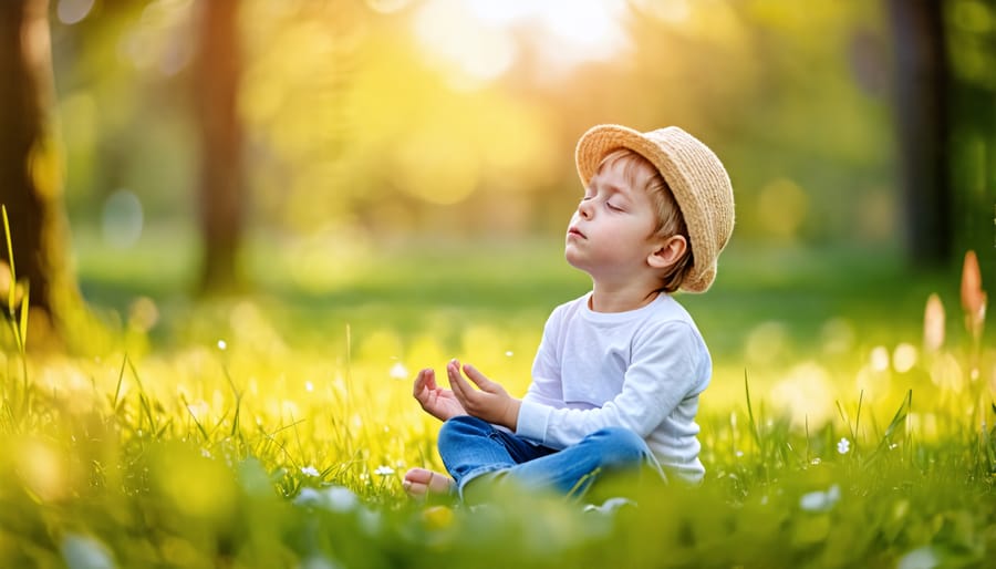 Child practicing mindful breathing exercises in nature