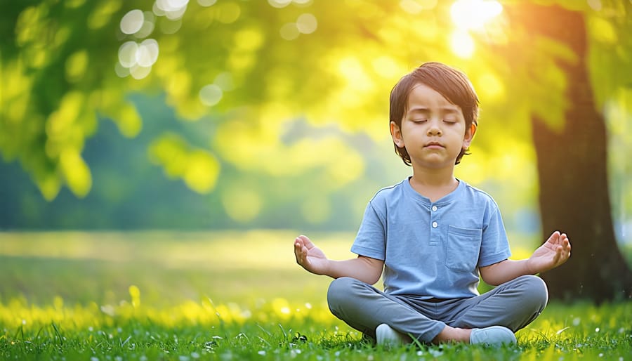 A young child sitting cross-legged on grass, eyes closed, hands on knees, practicing mindfulness.