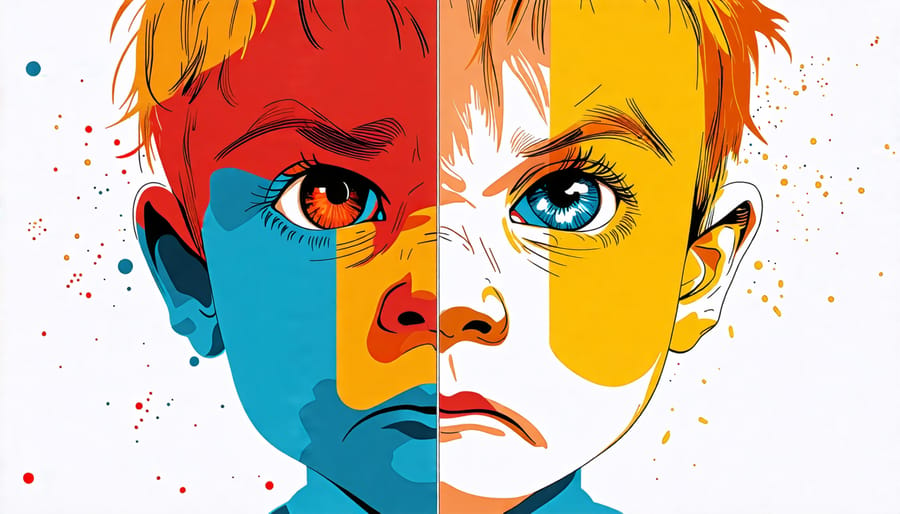 Conceptual illustration of a child's face portraying mixed emotions like anger, grief, and confusion