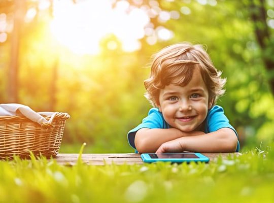 A child joyfully playing outside, with digital devices left on a picnic table in the background, representing the balance between screen time and outdoor activities.