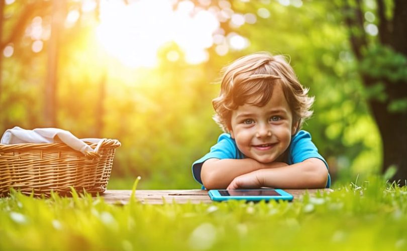 A child joyfully playing outside, with digital devices left on a picnic table in the background, representing the balance between screen time and outdoor activities.