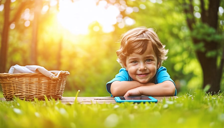 A child joyfully playing outside, with digital devices left on a picnic table in the background, representing the balance between screen time and outdoor activities.