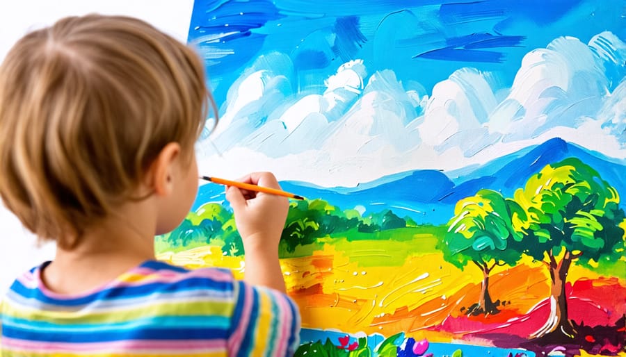 Child engaged in painting a vibrant landscape as part of art therapy.