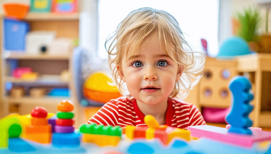 A child playing with colorful toys during a therapy session