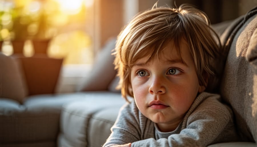 Sad child sitting by the window watching a parent leave, illustrating separation anxiety