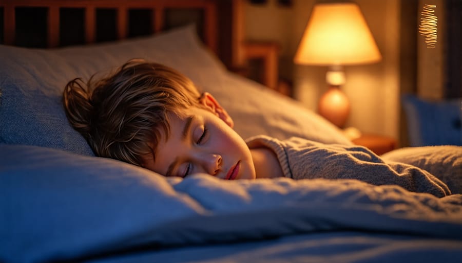 Peaceful child sleeping in a dark bedroom illuminated by a soft nightlight