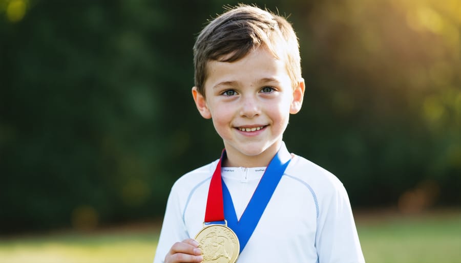 Proud child holding a medal or trophy, symbolizing accomplishment in sports