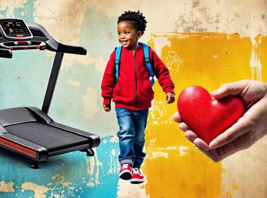 Collage depicting a child's journey through obesity and mental health challenges, featuring a scale, treadmill, heart, helping hand, and smiling family to illustrate support and positive lifestyle changes.