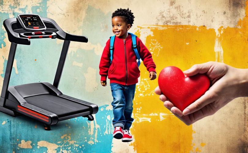 Collage depicting a child's journey through obesity and mental health challenges, featuring a scale, treadmill, heart, helping hand, and smiling family to illustrate support and positive lifestyle changes.