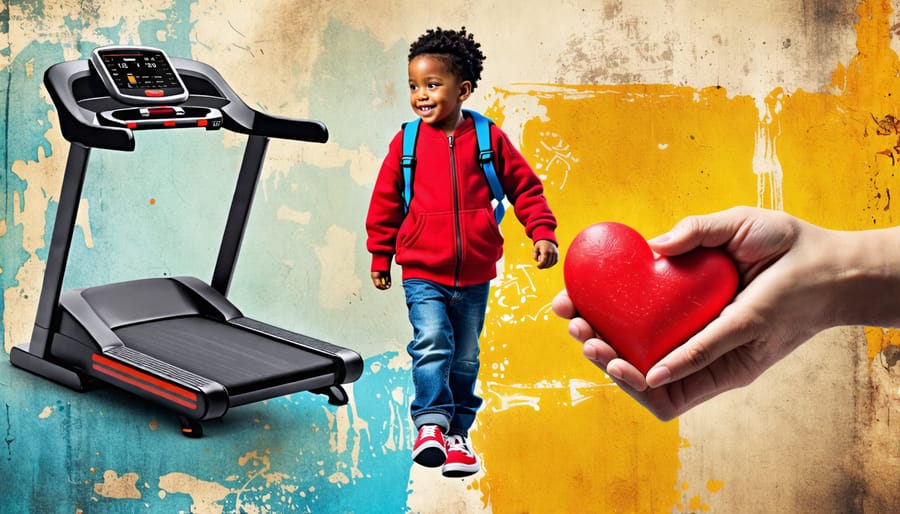 Collage depicting a child's journey through obesity and mental health challenges, featuring a scale, treadmill, heart, helping hand, and smiling family to illustrate support and positive lifestyle changes.