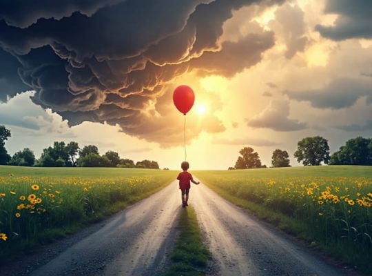 Conceptual illustration of a child at a crossroads, one path leading to storm clouds and the other to a bright landscape, symbolizing the journey from trauma to healing with guidance from supportive adults.