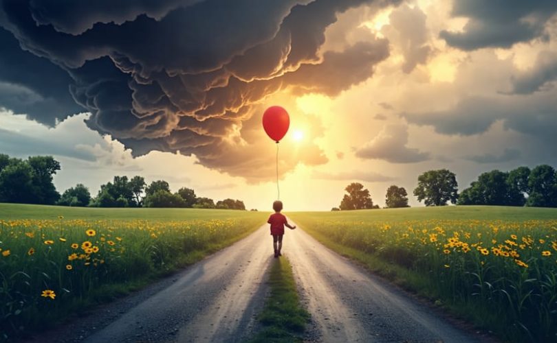 Conceptual illustration of a child at a crossroads, one path leading to storm clouds and the other to a bright landscape, symbolizing the journey from trauma to healing with guidance from supportive adults.