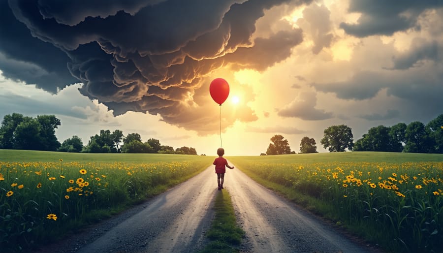 Conceptual illustration of a child at a crossroads, one path leading to storm clouds and the other to a bright landscape, symbolizing the journey from trauma to healing with guidance from supportive adults.