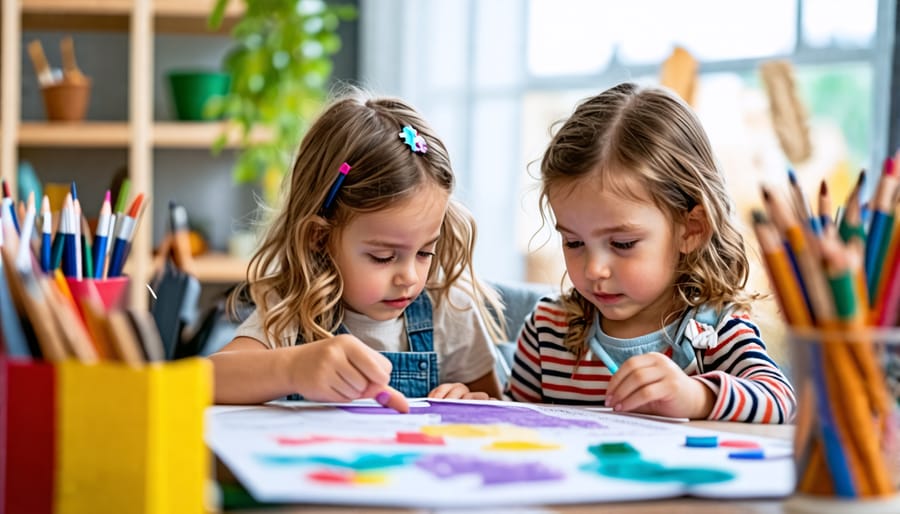 A group of children participating in an art therapy session, using paints and brushes to create colorful artwork