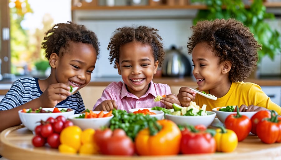 Diverse group of children eating nutritious meals, illustrating the role of diet in mental health