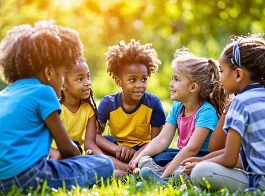 A diverse group of children sitting in a circle outdoors, actively listening and supporting each other, exemplifying the principles of empathy and peer support.