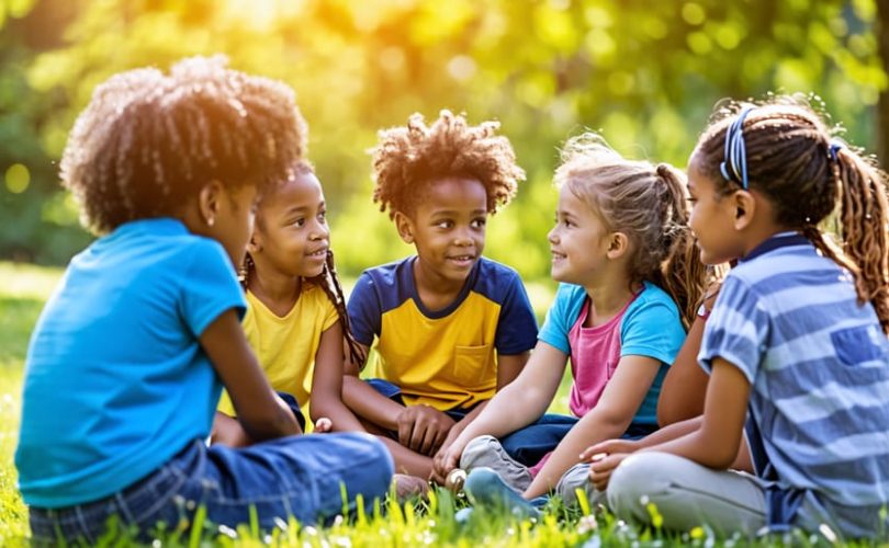 A diverse group of children sitting in a circle outdoors, actively listening and supporting each other, exemplifying the principles of empathy and peer support.