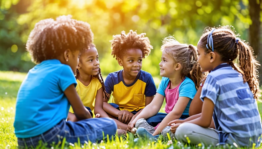 A diverse group of children sitting in a circle outdoors, actively listening and supporting each other, exemplifying the principles of empathy and peer support.