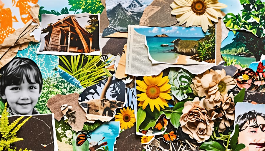 A vibrant collage made by a child using various cut-out images and materials