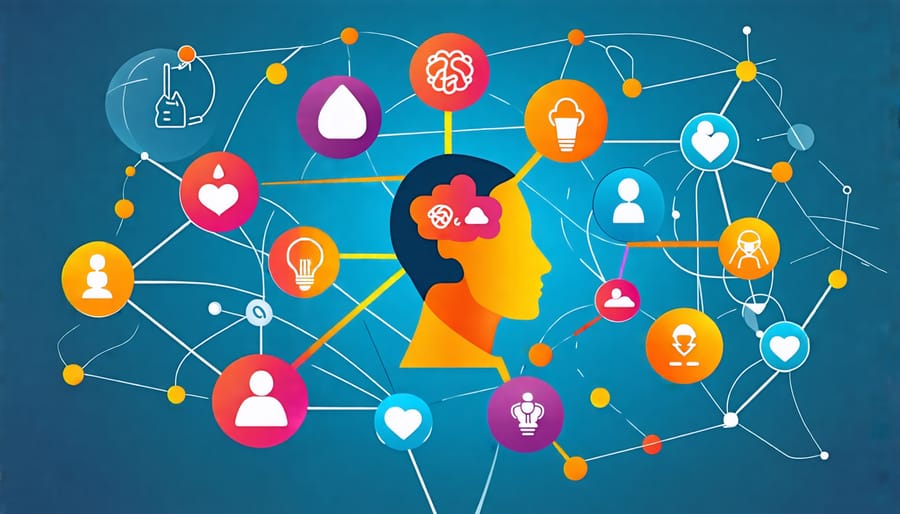 Conceptual illustration showing a network of preventive strategies for children's mental health, including communication, mindfulness, routines, and social-emotional learning elements.