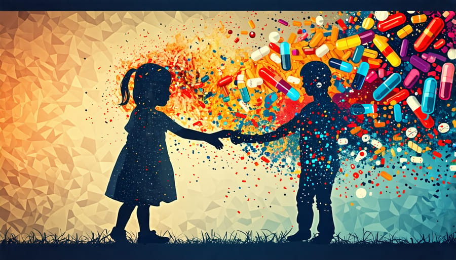 Illustration depicting a child's silhouette surrounded by representations of mental health struggles and substance abuse with an adult offering support, symbolizing hope and intervention.