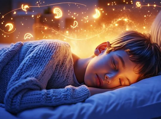 A peaceful child sleeping in a cozy bedroom while glowing representations of different sleep stages float above, symbolizing the journey and impact of sleep on mental health.