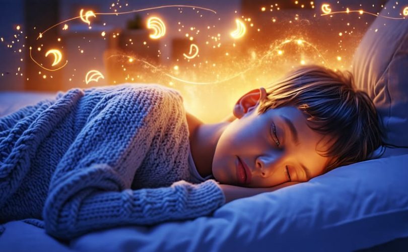 A peaceful child sleeping in a cozy bedroom while glowing representations of different sleep stages float above, symbolizing the journey and impact of sleep on mental health.