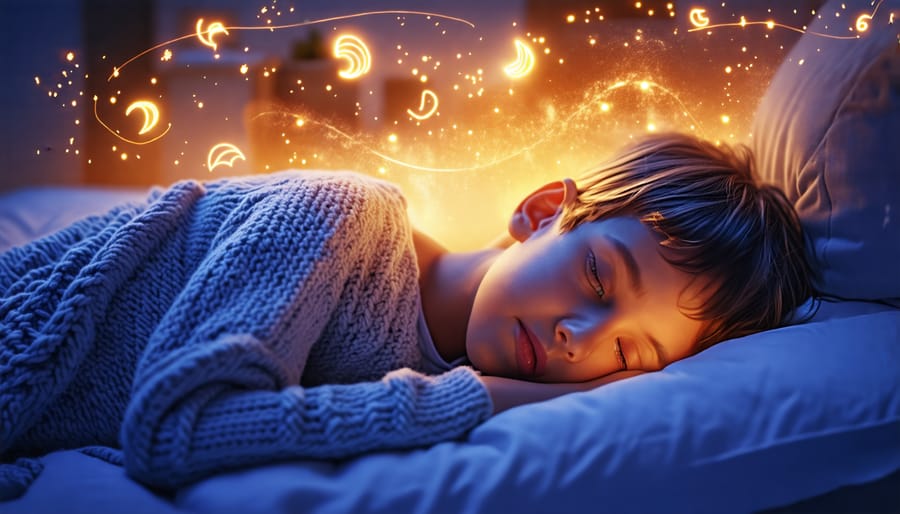 A peaceful child sleeping in a cozy bedroom while glowing representations of different sleep stages float above, symbolizing the journey and impact of sleep on mental health.