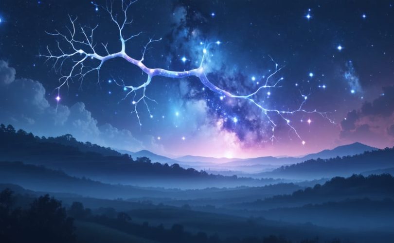 A conceptual illustration depicting the connection between sleep and memory in children, showing a night sky with glowing neuron-like star formations symbolizing the brain's memory consolidation process during restful sleep.