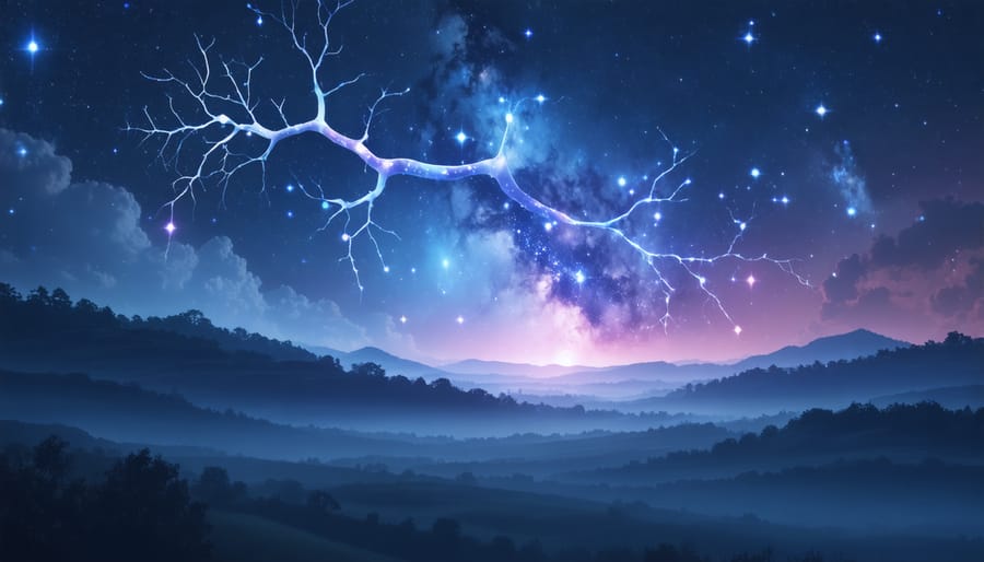 A conceptual illustration depicting the connection between sleep and memory in children, showing a night sky with glowing neuron-like star formations symbolizing the brain's memory consolidation process during restful sleep.