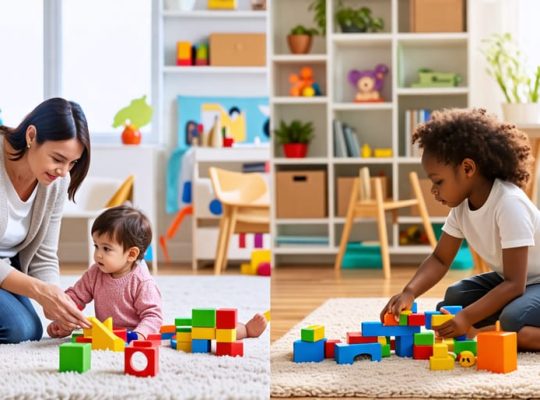 A split image showing a child in a play therapy session with a therapist on one side, and a parent and child bonding through therapeutic play on the other.