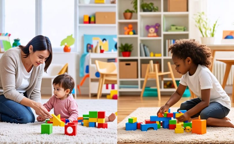 A split image showing a child in a play therapy session with a therapist on one side, and a parent and child bonding through therapeutic play on the other.