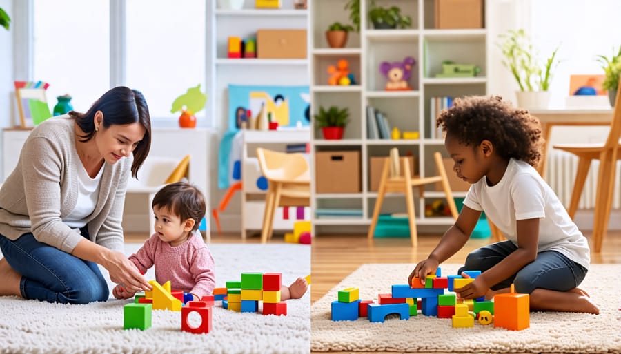 A split image showing a child in a play therapy session with a therapist on one side, and a parent and child bonding through therapeutic play on the other.