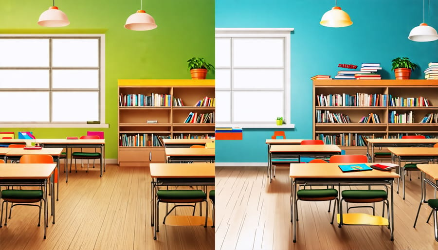 Contrasting images of a high-quality classroom and an under-resourced classroom