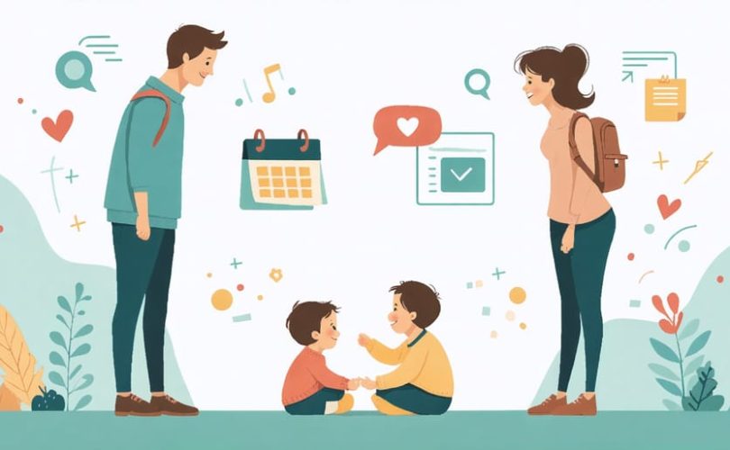 Two co-parents standing with understanding expressions on their faces, with a child happily playing between them. Background elements suggest routines, communication, and emotional support, illustrating the theme of nurturing resilience in children through co-parenting.