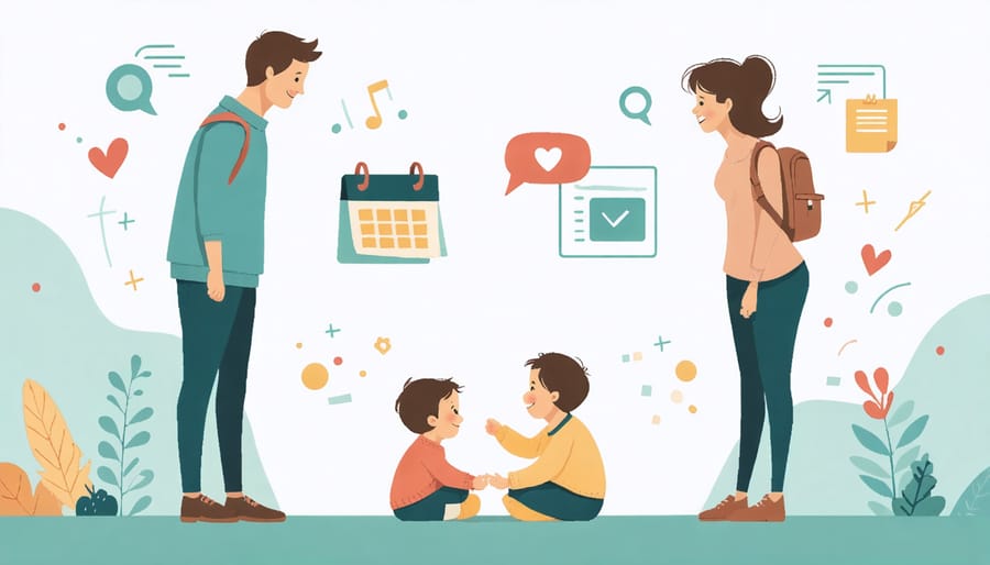 Two co-parents standing with understanding expressions on their faces, with a child happily playing between them. Background elements suggest routines, communication, and emotional support, illustrating the theme of nurturing resilience in children through co-parenting.