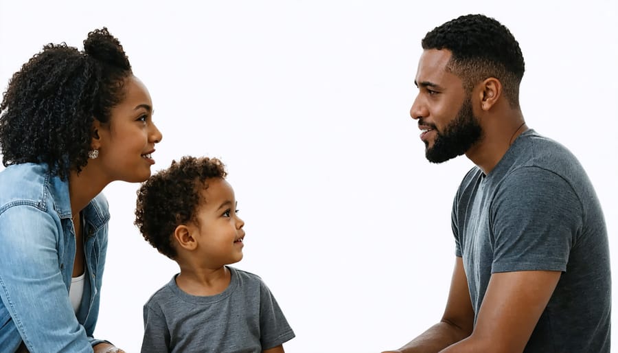 A mother and father having a civil conversation in front of their child