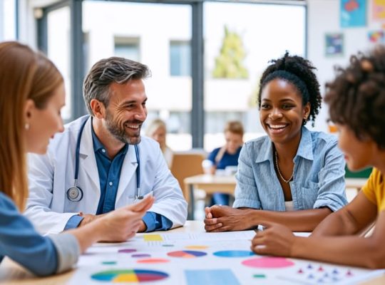 Diverse team of healthcare and educational professionals collaborating on a child's mental health care plan.